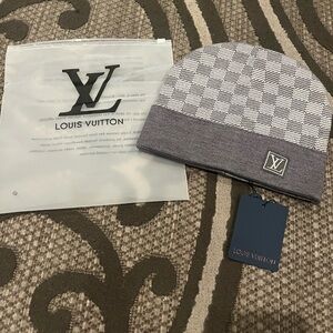 Louis Vuitton Gray Checker Knit Beanie with LV Plaque